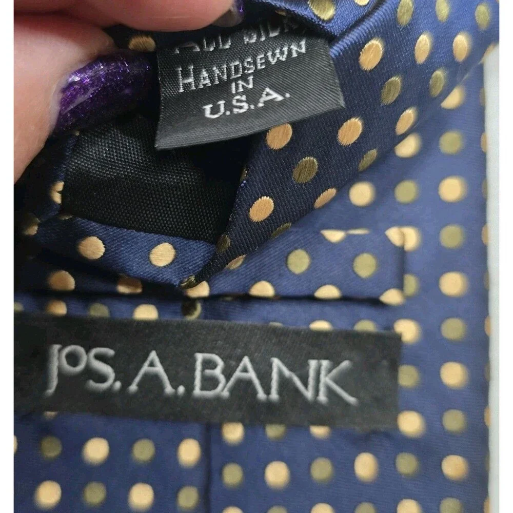 Jos A Bank Mens Neck Tie Navy Blue Gold Olive Green Polka Dot Pattern Silk USA
